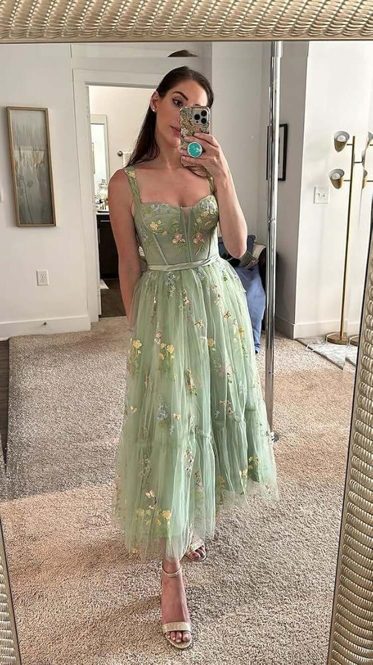 Sage Green Floral Embroidered Tulle Corset Midi Women’s Dress New